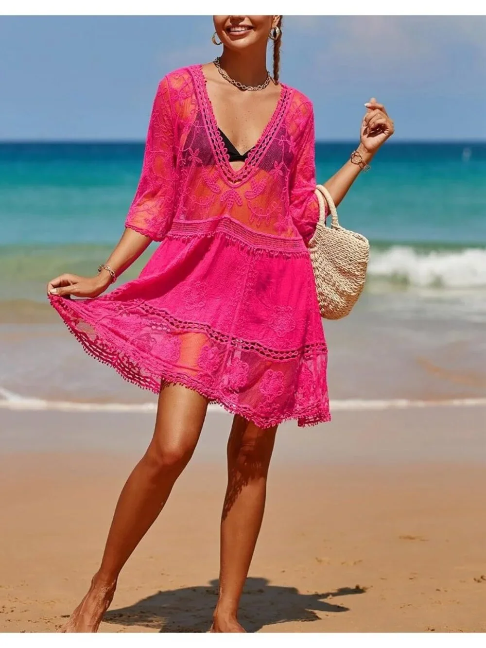 Women's Hot Pink Rayon V-Neck Coverup Mesh Lace Bathing Suit Swimsuit Coverup